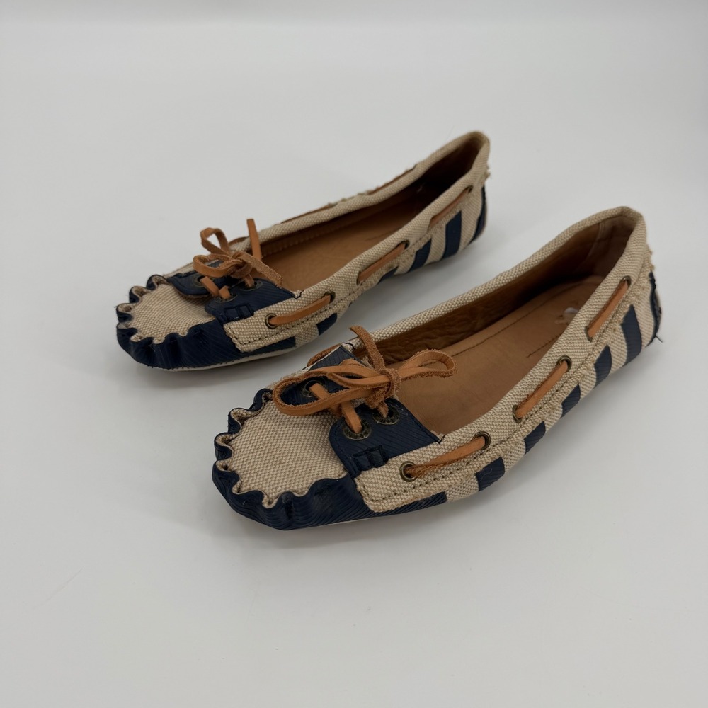 AERIN Skipper Navy Blue Cream Striped Canvas Boat Shoe Flats 7.5M 34AL0414